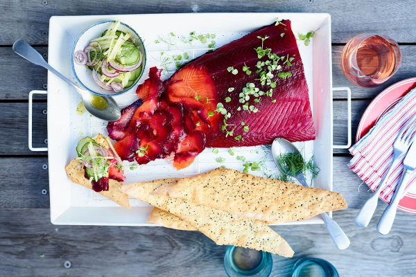 Beetroot cured salmon with cucumber and apple salad